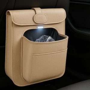 Magnetic Car Trash Bag with LED Light Leather Auto Garbage Can with Slim Pocket Design for Back Seat Organizers Waterproof Beige