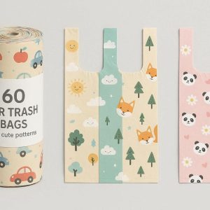 Roll of 60 Car Trash Bags with Cute Patterns Small Plastic Garbage Pouches for Auto Back Seat Handbag and Diaper Disposal Multi
