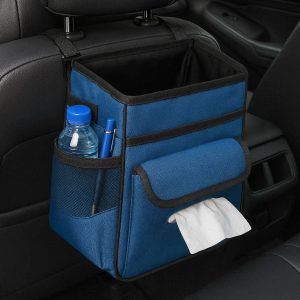 Car Trash Can with Tissue Holder 2 in 1 Hanging Garbage Bag for Auto Console and Seat Back Waterproof Storage Bin with Pockets Blue