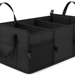 Foldable Car Trunk Organizer with Straps Heavy Duty Cargo Storage Box with Divided Compartments and Non Slip Bottom for SUV and Truck Black
