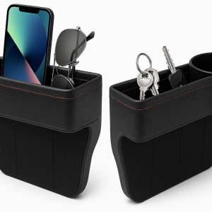 Car Seat Gap Organizer with Cup Holder Set of 2 Leather Console Side Pocket Storage Box for Smartphones Keys and Sunglasses Universal Fit