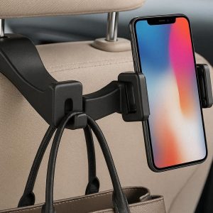 2 in 1 Car Seat Hook with Phone Holder Universal Vehicle Headrest Hanger for Bags and Purses Adjustable Clip for Smartphones Black