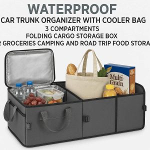 Waterproof Car Trunk Organizer with Cooler Bag 3 Compartments Folding Cargo Storage Box for Groceries Camping and Road Trip Food Storage Gray