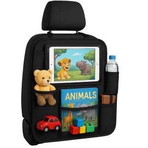 Car Front Seat Organizer with Tablet Holder Multi Pocket Storage Bag for Kids Toys Books and Road Trip Essentials Heavy Duty Fabric Black