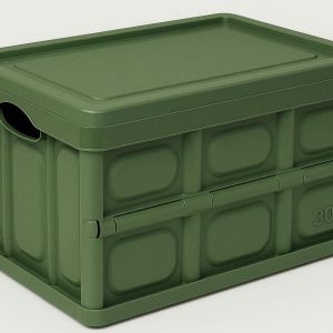 Plastic Car Trunk Storage Box with Lid 30L Collapsible Cargo Bin for Tool Organization and Grocery Transport Space Saving Design Green