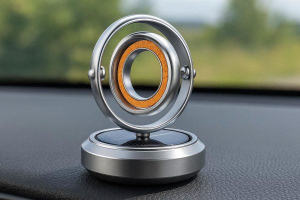 Solar Powered Car Air Freshener Rotating Double Ring Scent Diffuser for Dashboard Decoration with Essential Oil Ring for Auto Interior Silver