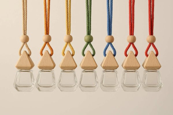 Hanging Glass Car Air Freshener Bottles Set of 6 Empty Scent Diffusers for Essential Oils with Wooden Caps and Adjustable Strings Multi