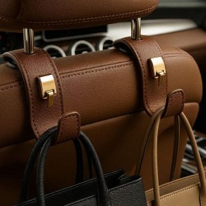 Leather Car Seat Hooks Set of 2 Luxury Metal Headrest Hangers for Purses and Bags Premium Vehicle Interior Accessories Brown Color