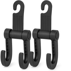 Double Hook Car Seat Hanger Set of 2 Universal Headrest Hooks for Hanging Multiple Bags Clothes and Purses High Capacity Black