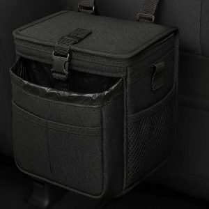 Waterproof Car Trash Can with Lid Hanging Garbage Bag for Auto Back Seat with Storage Pockets Leak Proof Vehicle Organizer Black